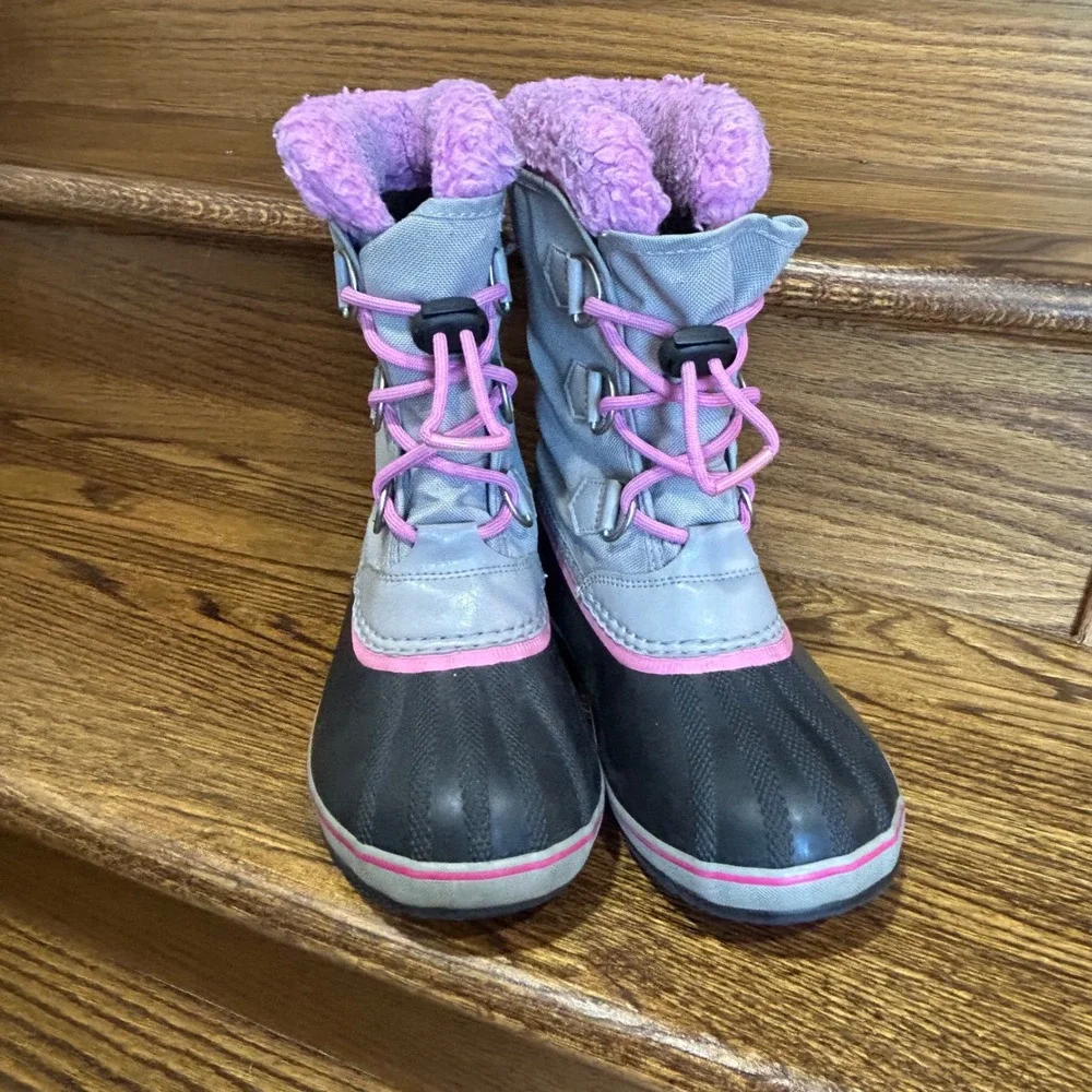 Sorel Yoot Pac Nylon Snow Boots Kids Size 3 Grey Pink Good Waterproof Insulated